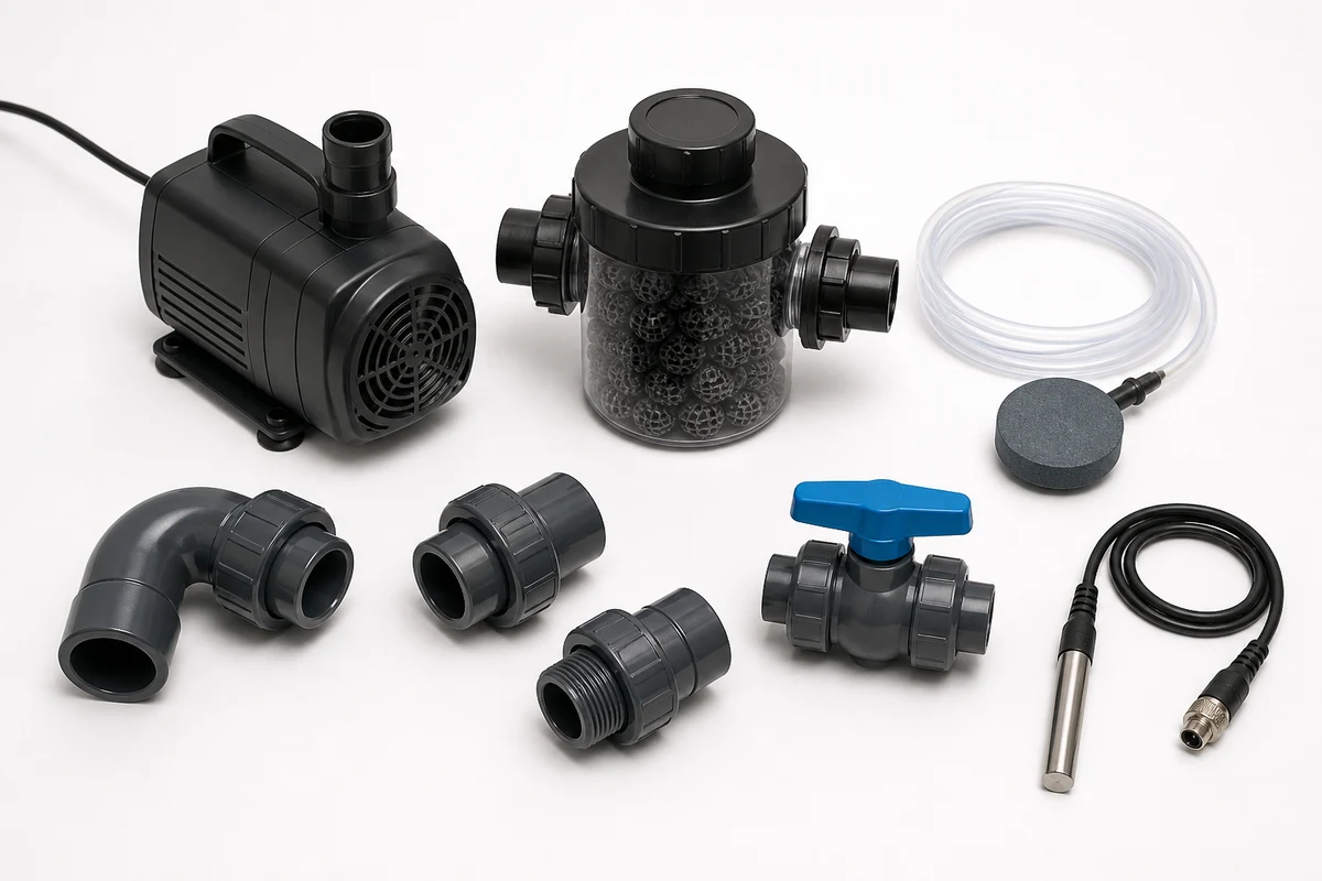 Aquaponics circulation pump, biological filter, valves, fittings, air stone and water-quality probe
