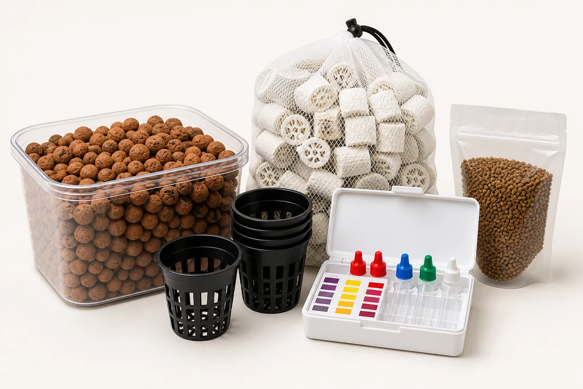 Aquaponics supplies including clay grow media, biological filter media, net pots and water-quality test kit